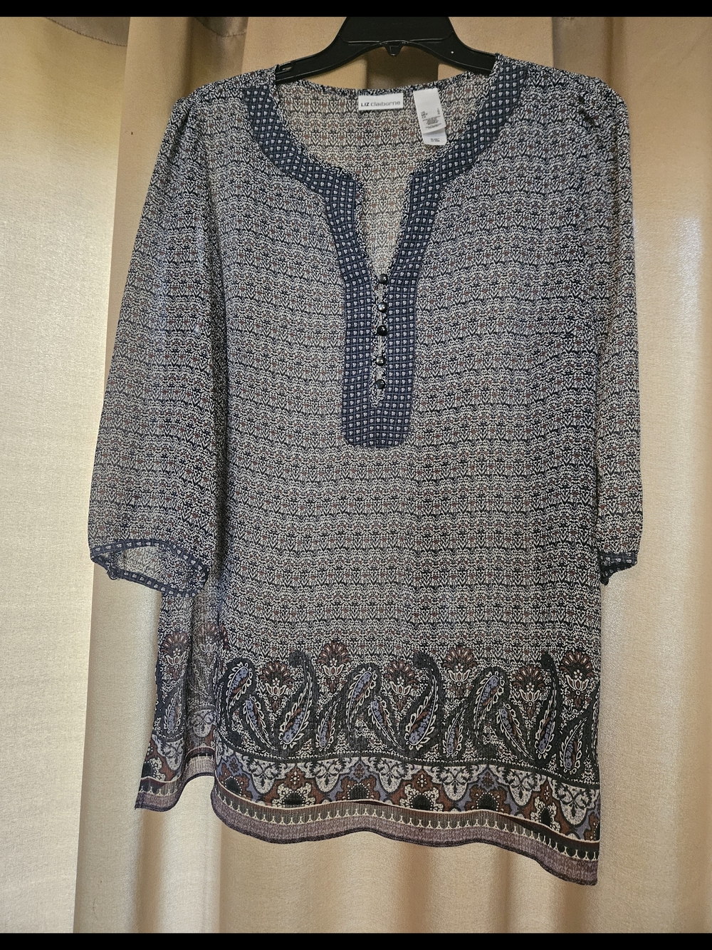 Liz Claiborne Navy and Brown Paisley Border V-Placket Tunic